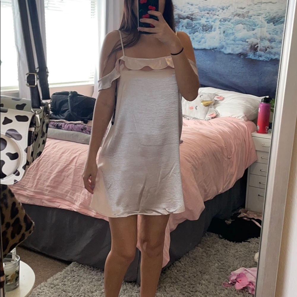 silk satin champagne nude light pink frilly dress